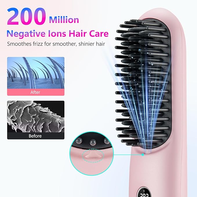 STUDLLY LCD Screen Cordless Hair Straightener Curler 2 in 1, Portable Mini Hair Straightening Brush for Travel Negative Ionic Fast Heating Hot Comb for Women, Folding Brush with Mirror, Pink