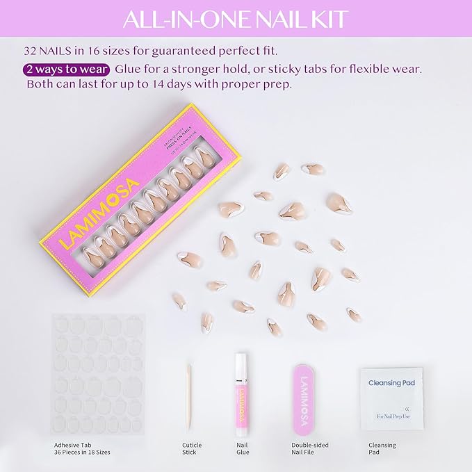LAMIMOSA 32Pcs French Tip Press on Nails Short Almond - Soft Gel Fake Nails in 16 Sizes with 3D Gold Line, Reusable Semi-Transparent Glue on Nails kit, SWAN LAKE