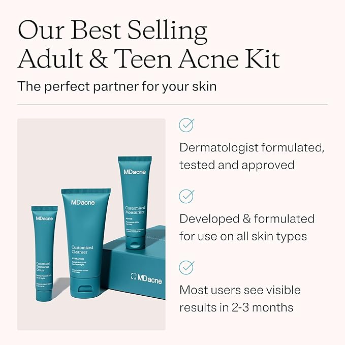MDacne 3 Step Face Acne Treatment Kit, Benzoyl Peroxide Cream 2.5%, Salicylic Acid Cleanser, Niacinamide Moisturizer – Medicated Plant-Based Skincare for Adult & Teen Acne, 60 Day Kit