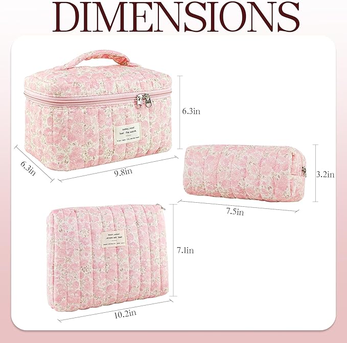 3Pcs Quilted Makeup Bag for Women, Large Travel Makeup Bag Set, Cute Aesthetic Cosmetic Bags, Floral Cotton Makeup Pouch Coquette Toiletry Organizer Bag