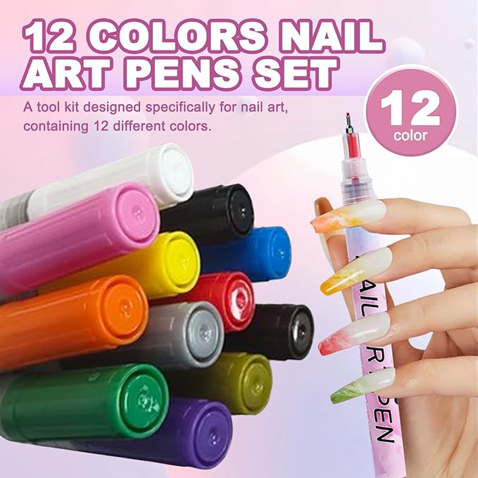 MKNZOME Nail Art Pens Set, 12 Color 0.5 MM Nail Art Markers Nail Polish Pens Drawing Painting Point Liner Painted Kit, Waterproof and Quick-drying Nail for DIY Design Manicure Tools
