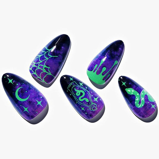 GLAMERMAID Deep Blue Press on Nails Medium Almond, Gothic Dark Purple Emo Gel Fake Nail, Gloss Halloween Snake Glue on Nails Short Oval, Reusable Acrylic Stiletto Stick on False Nail Kit for Women