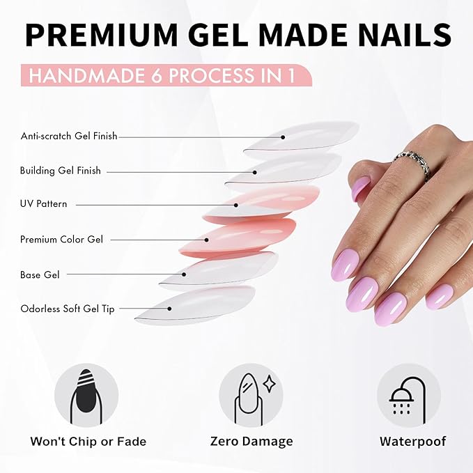 SHANGMENG Pink Press on Nails Oval for Women Gift - Soft Gel Valentines Press on Nails Short with Glue, Fit Perfectly & Natural Glue on Nails in 16 Sizes - 32 Reusable Fake Nails, Pink