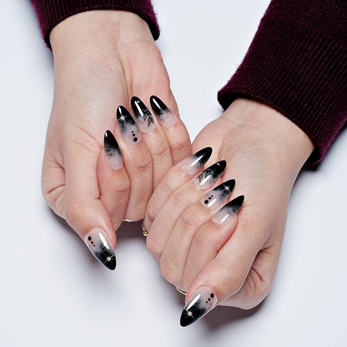 GLAMERMAID Press on Nails Medium Almond, Gothic Black Ombre French Tip Gel Glue on Nail, Glossy Short Stiletto Reusable UV Finish Fake Nails Acrylic False Nails Manicure Kits for Women