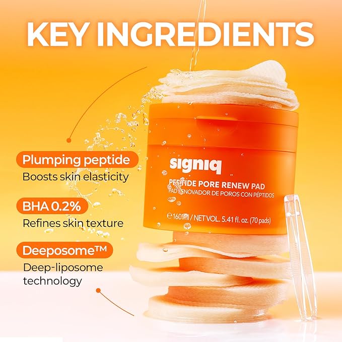 signiq Peptide Pore Renew Pad, Pore Purifying and Firming, Peptide, 0.2% BHA, Mini-Embossed Toner Pads for Glass Skin, Korean Skincare (70 Pads, 160ml, 5.41 fl.oz.)