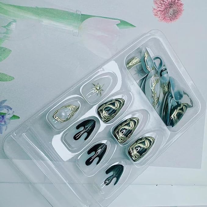 Chrome Gold Press on Nails Almond Fake Nails 3D Gold Star Totem False Nails with Glitter Rhinestones Nail Designs Charms Press on Artificial Nails Glossy Full Over Stick on Nails for Women DIY Decor