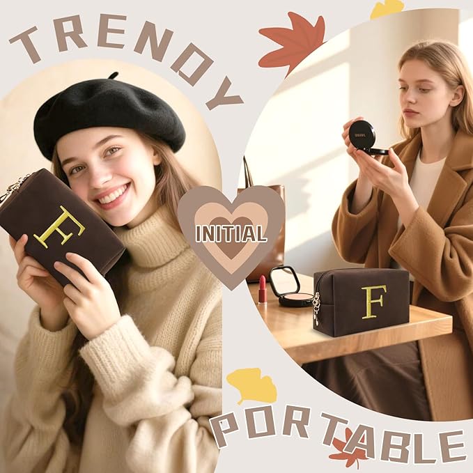 Personalized Initial Makeup Bag,Preppy Suede Cosmetic Bag for Teen Girls,Small Monogram Travel Toiletry Bag With Gold Embroidered Letter,Trendy Stuff Custom Christmas Gift for Women(Coffee-F)