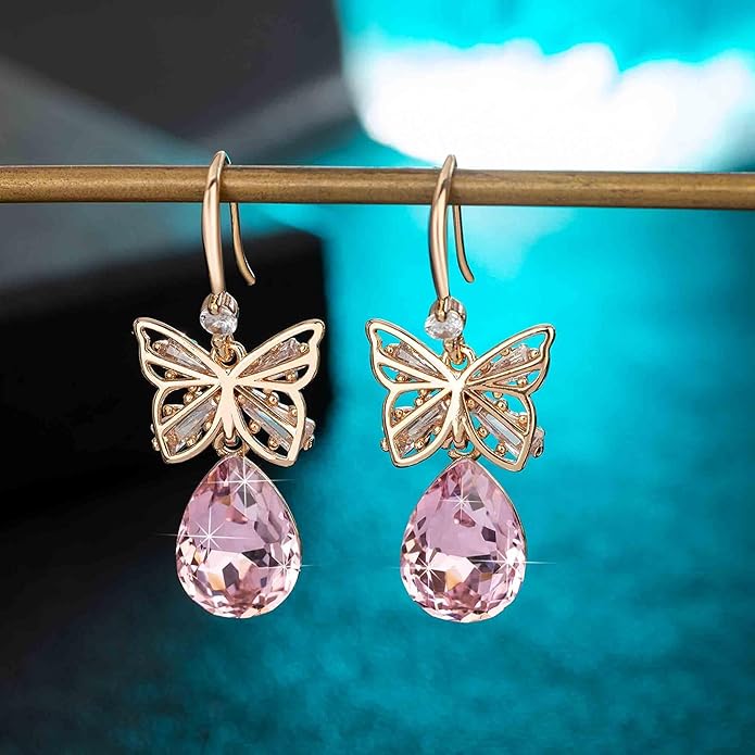 Austrian Crystal Teardrop Butterfly Drop Dangle Earrings for Women 14K Rose Gold Plated Hypoallergenic Jewelry