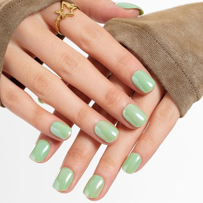 GLAMERMAID Light Green Extra Short Press on Nails, Chrome Fake Nails Short Squoval, Glazed Handmade Soft Jelly Gel Square Glue on Nails, Pure Green Acrylic False Nail, Glossy Round Fake Nail for Women