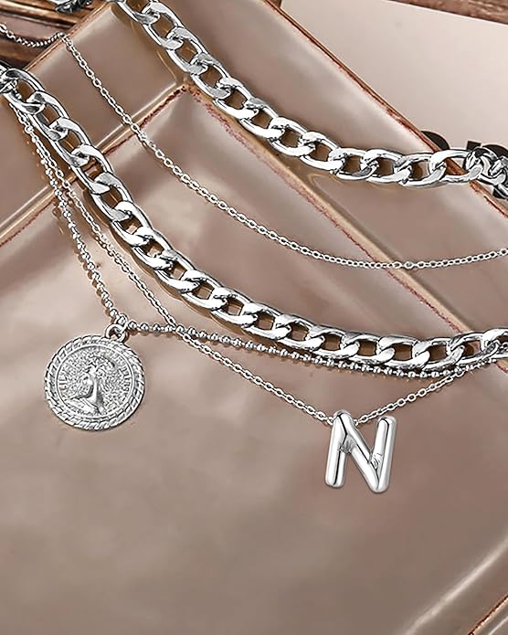 MJartoria Layered Necklaces for Women Trendy Balloon Initial Coin Pendant Necklace Dainty Chunky Chain Choker Necklaces Jewelry Birthday Gifts