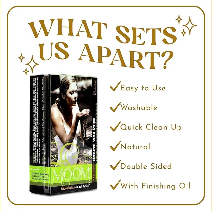 MOOM Express Wax Strips with Chamomile & Lavender, Hair Removal Kit with Finishing Oil – Face, Bikini Area & Brazilian, 10 Double-Sided Strips (2 Pack), 40 Count