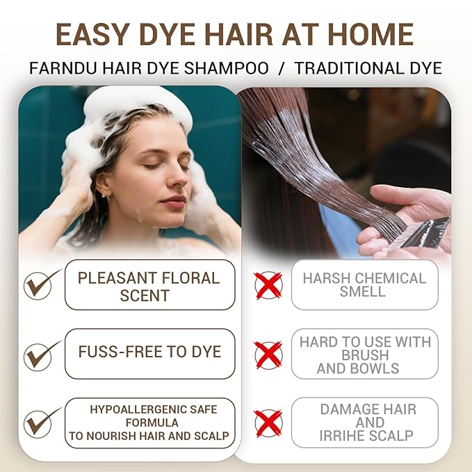 Farndu Dark Brown Hair Dye Shampoo for Women Men, 3 in 1 Hair Color Shampoo Dye for Grey Hair Coverage Champu Para Canas Mujer