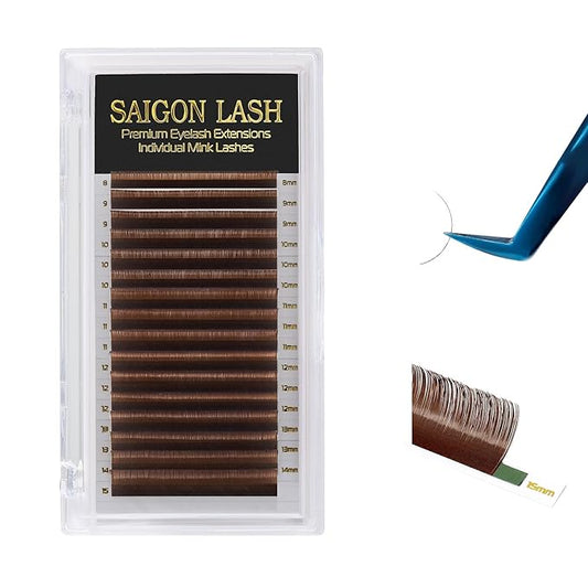 SAIGON LASH Eyelash Extensions, Mink Lash, Volume & Classic Lashes for Professionals, J/B/C/CC/D/L/M Curl, 4-15mm Length, Soft Korean PBT Fiber, 16 Rows Lash Tray (Dark brown-CC-0.07-8-15mm)
