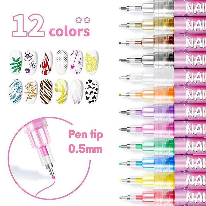 12 Colors Nail Art Pens Set Nail Art Pens, Nail Art Markers for Nail Art Fine Tip Nail Art Pen 0.5mm, Nail Polish Pens Quickly Dry Nail Art Pens for Painting Nails for Home DIY Salon