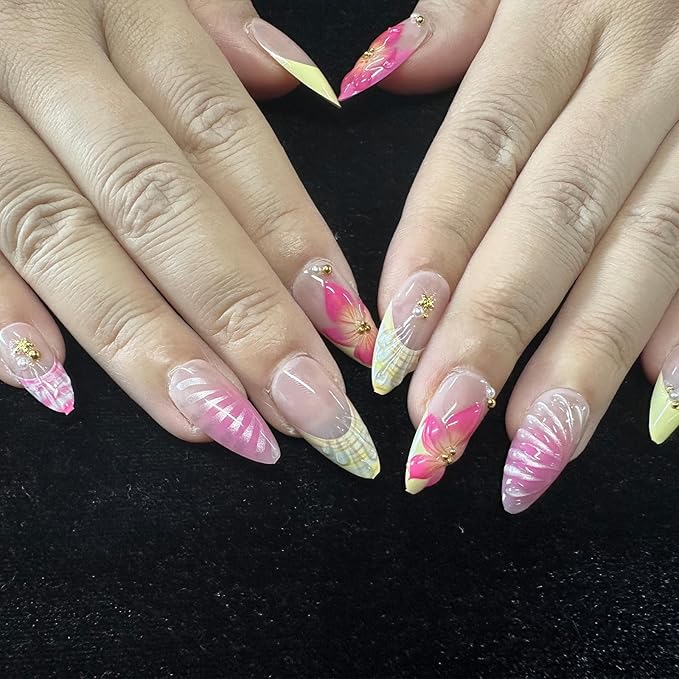 JONKASIPA 24 Pcs Medium Pressed Gel Nails Oval French Artificial Nails Pink Hawaiian Floral Acrylic Nails Full Coverage Women's Manicure Set With Gold Pearls
