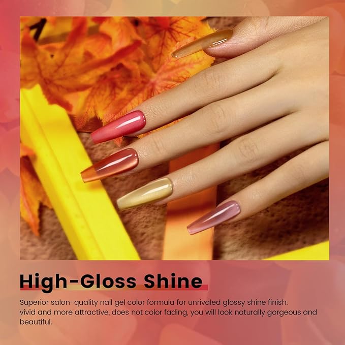 RARJSM Amber Ceramic Cat Eye Gel Nail Polish Set 6 Pcs Metallic Brown Dark Burgundy Orange Cooper Red Gray Mauve Velvet Silver Glitter Cateye Gel Polish with Magnetic Stick UV LED Curing Require Fall