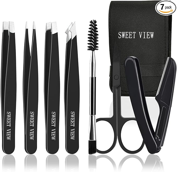 SWEET VIEW 7pcs Eyebrow Tweezers Kit for Women Precision Plucker with Brow Scissors & Razor & Spoolie for Facial, Chin, Brow, Splinter and Ingrown Hair