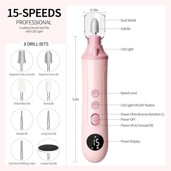 Ccigedy Professional Manicure Pedicure Electric Nail File for Thick Nails Hand Feet Care,Cordless Toenail Grinder 15 Speed,Nail Drill with LCD Screen,Ideal Valentine's Day Gift for Women/Men-Pink
