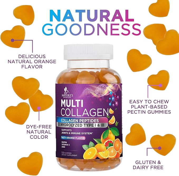 Collagen Gummies with 2500 mcg Biotin - Hydrolyzed Peptides Protein Type I & III Multi Collagen Supplement with Vitamin C & Zinc - Support for Hair, Skin, Nails, Tasty Orange Flavor - 120 Gummies