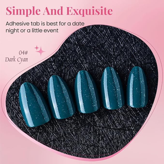 evpct Dark Cyan Green Press on Nails Short Almond, Glitter Shimmer Shiny Short Almond Fake Nails for Women Gift, Soft Gel Press Stick on Nails with Nail Kit, 30Pcs Reusable Acrylic Nail Manicure Kit