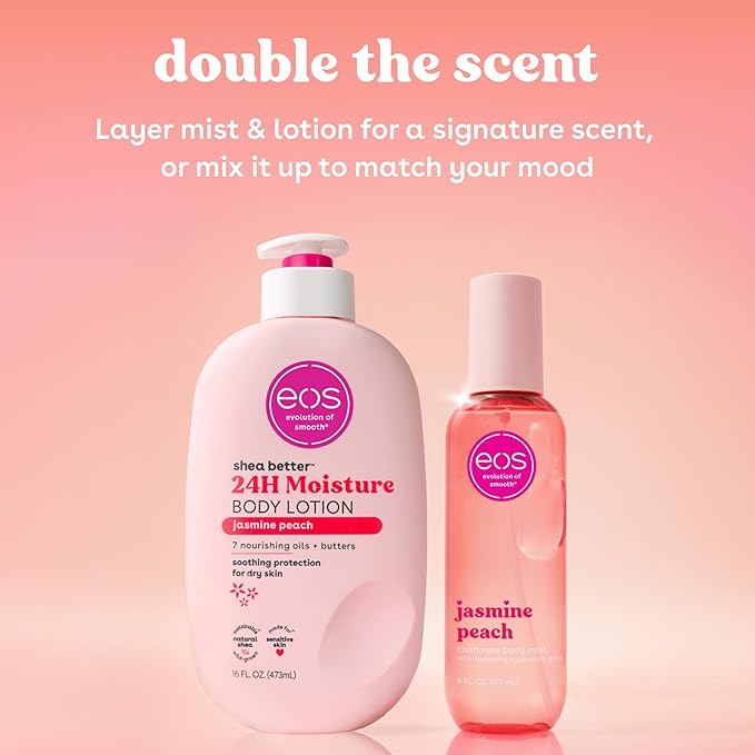 eos Cashmere Body Mist, Jasmine Peach, Body Spray for Women, Hair Mist, Floral Perfume, Moisturizing, Hyaluronic Acid, Glycerin, Vegan, Cruelty-free, 6 fl oz