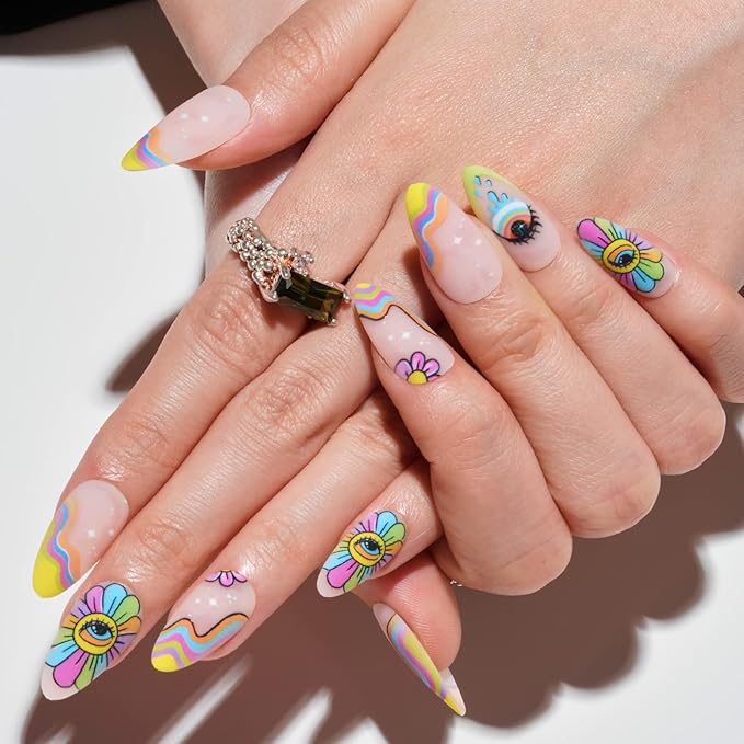 GLAMERMAID Press on Nails Medium Almond, Gothic Rainbow Flower Gel Glue on Nail, Matte Short Stiletto Reusable UV Finish Fake Nails Acrylic False Nails Manicure Kits for Women