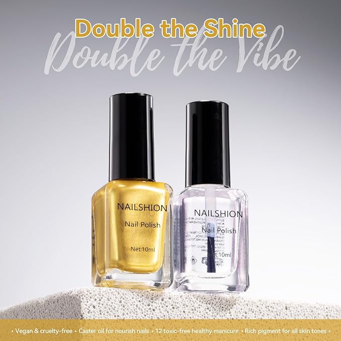 Nailshion Metallic Gold Nail Polish with Base Top Coat 3 IN 1 Nail Strengthener, Quick Dry Clear & Liquid Golden Nail Polish Duo, Opaque, Non-Gel, Professional Nails Art Kit Home Manicure DIY Gift