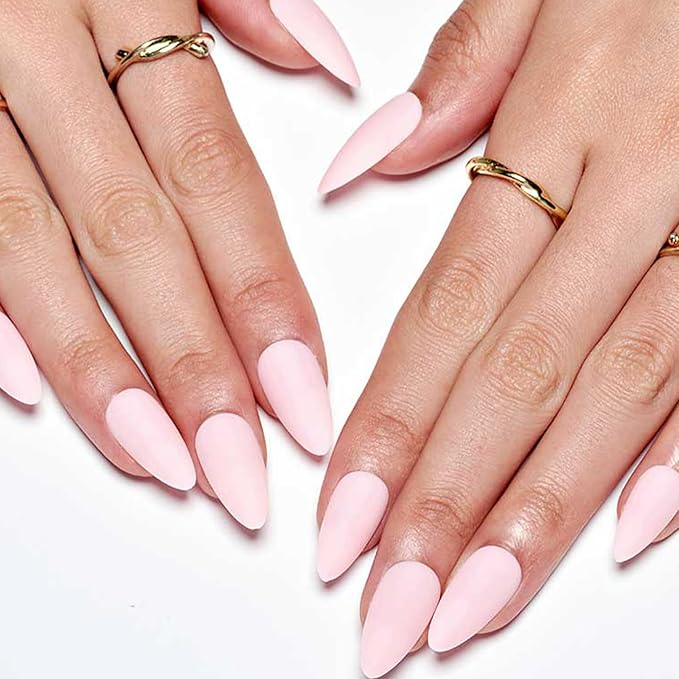 GLAMERMAID Light Pink Press on Nails Medium Almond, Spring Summer Nude Neutral Velvet Dull Gel Glue on Nail Stiletto, Matte Fake Nails Short Oval，Reusable Acrylic Stick on False Nail Kits for Women