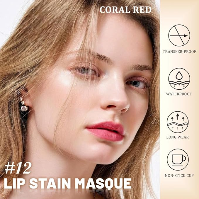 evpct Coral Red Peel Off Lip Stain Tints with Tweezer, Matte Lipstick Lip Stain Gloss Long Lasting Waterproof for Women, Non-stick Cup Lipstick Peel Off High Pigmented 24 Hrs Original Lips Stains, 12
