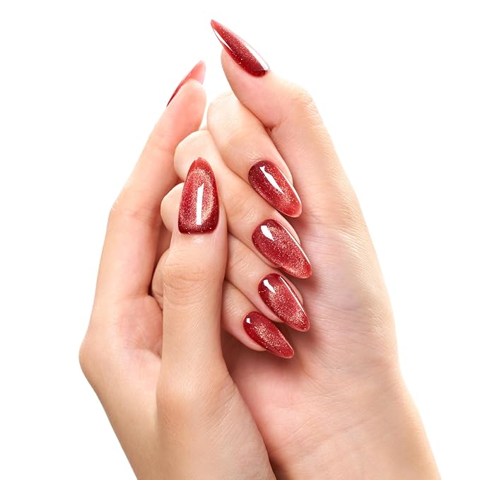 GLAMERMAID Agate Red Press on Nails Medium Almond,Cat eyes Glitter Handmade Glossy Soft Gel Glue on Nails Stiletto, Shrimmer Fake Nails Short Oval, Reusable Acrylic Stick on False Nails Kit for Women