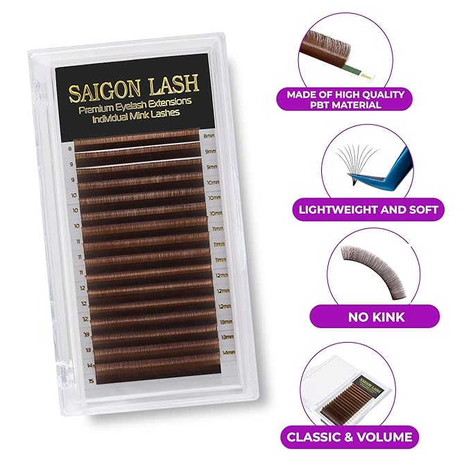 SAIGON LASH Eyelash Extensions, Mink Lash, Volume & Classic Lashes for Professionals, J/B/C/CC/D/L/M Curl, 4-15mm Length, Soft Korean PBT Fiber, 16 Rows Lash Tray (Dark brown-CC-0.05-8-15mm)