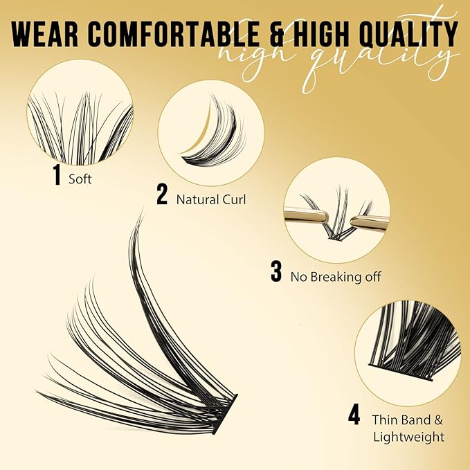 QUEWEL Lash Clusters 320Pcs Cluster Lashes 40D D Curl Lash Cluster Eyelash Extensions Mix9-16mm Individual Eyelashes Clusters Wispy Lash Clusters Thin Band Soft to Use at Home(40D D Mix9-16)