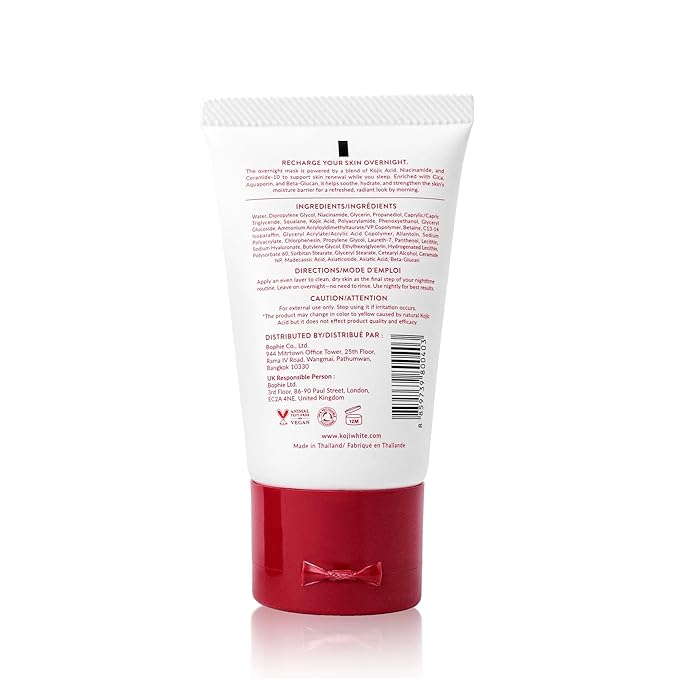Koji White 1% Kojic Acid Radiance Overnight Face Mask – Hydrating Sleeping Mask for Glowing Skin, Uneven Tone & Smoothing with Niacinamide, Cica, Hyaluronic Acid - Unscented, Vegan Skincare 1.01 Fl Oz