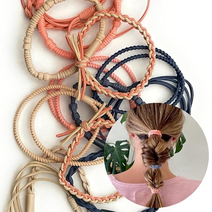 Coiffed + Co. Stacked Bracelet Hair Ties (Color: Linen, Peach, Navy) 14 Count, Hair Ties for Women, No Damage Hair Elastics, Hair Bands, Ponytail Holders, Ties for Thick and Thin Hair, Holiday Gift