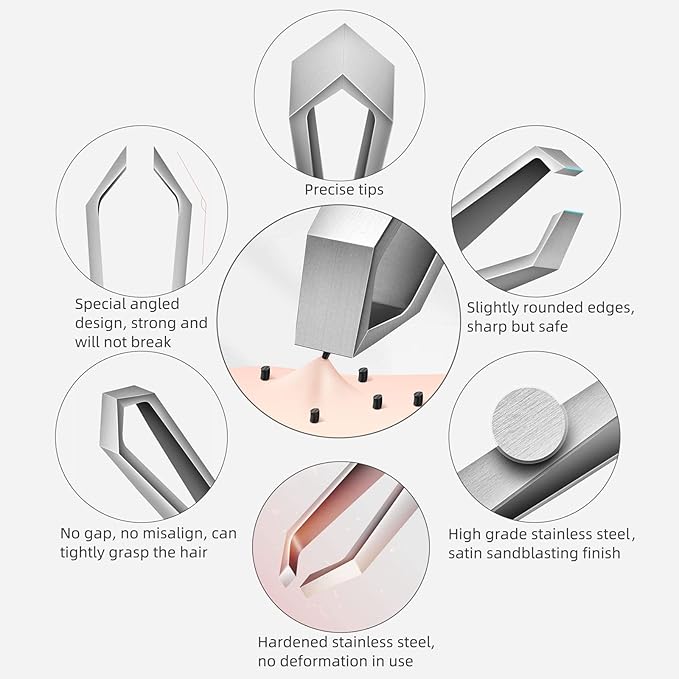 AUSOMTEK Beard Tweezers, White Hair Plucking, Fine Hair Removal, Eyebrows Shaping Tool, 5mm Tip, Stainless Steel, Cyan PU Case 1Pack