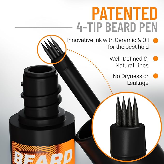 FOLLICLE BOOSTER Beard Pen Filler Styling Kit for Men - 3-in-1 Filling Set with 4-Tip Fork, Normal Pencil, and Brush - Waterproof, Sweatproof & All-Day Hold - Deep Dark Brown