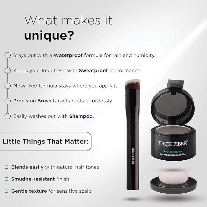 THICK FIBER Root Touch Up Powder, Cover Up Hairline for Thin- Water & Sweat Resistant Hair Loss Concealer Set with for Thinning Hair Women, Includes Brush (Grey)