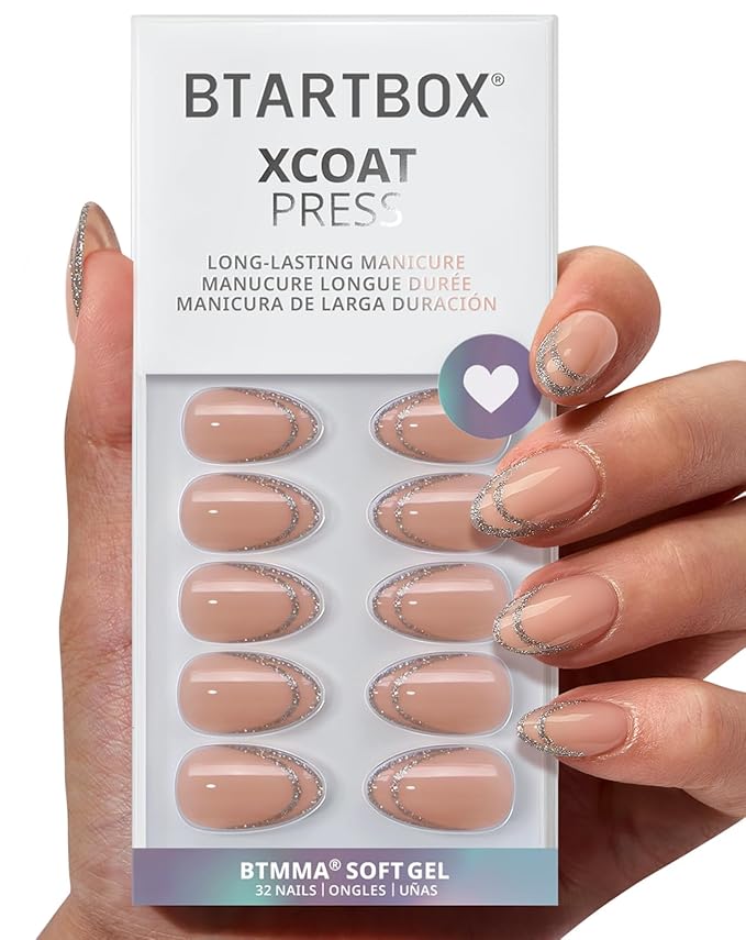 BTArtbox French Tip Press On Nails - Sliver Bells, Lamp-Curable Short Almond Press On Nails with Glue and Adhesive Tabs for Women in 16 Sizes - 32 Soft Gel Glue On Nails Kit