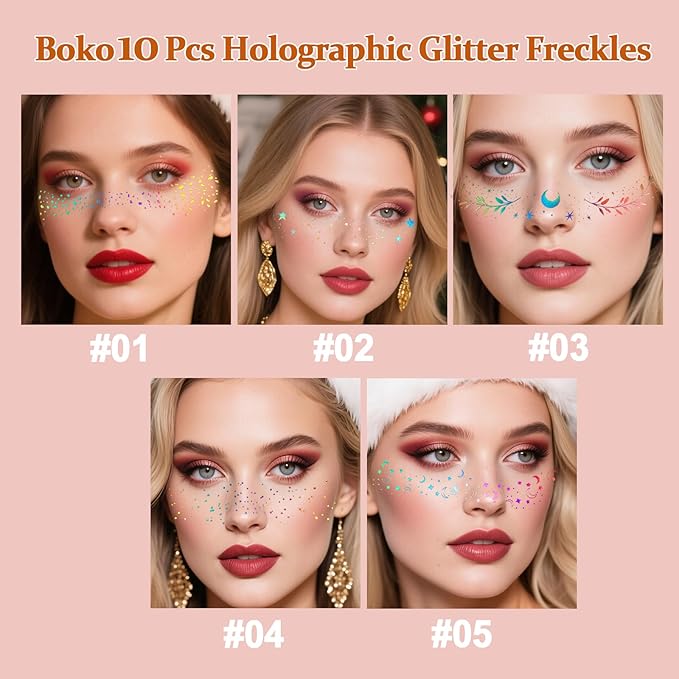 Boko 10Pcs Holographic Glitter Freckles Face Tattoo, Star Face Glitter Speckles Makeup Patches for Pride Accessories, Waterproof Sparkle Temporary Tattoos for Festival Concert Party Rave Accessories