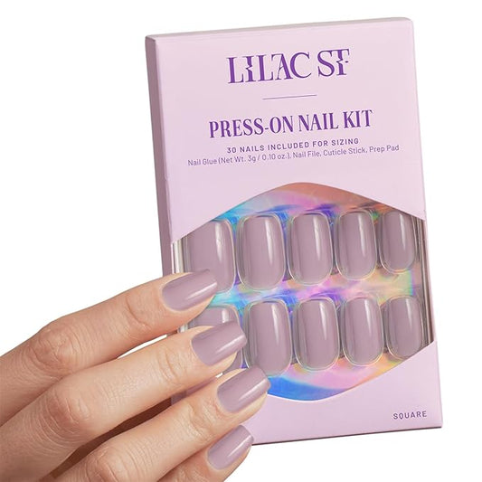 Lilac St - Press on Nails, Grey Wisteria (30 Nails, 15 Sizes) - Medium, Square, Glossy, Opaque - Brush-On Nail Glue, Nail File, Cuticle Stick, Prep Pad - Cruelty Free, Vegan, Women Founded