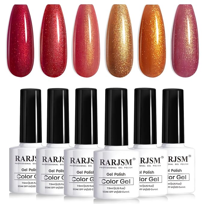 RARJSM Nude Gold Glitter Gel Nail Polish Set 6pcs Jelly Shimmery Sheer Lavender Wine Red Gold Brown Orange Fall Nail Gel Polish Sparkly Translucent Natural Skin Tone Color 7.5ml Soak off UV LED Cured