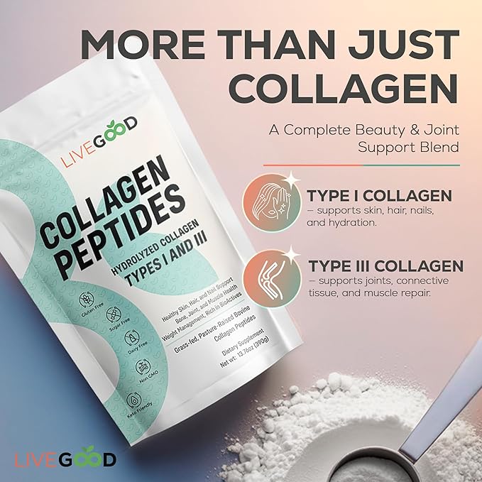LIVEGOOD Collagen Peptides Powder, Hydrolyzed Type I and III Collagen for Hair Skin Nails and Joints, Unflavored Grass-Fed Collagen Supplement for Mobility and Recovery (30 Servings)