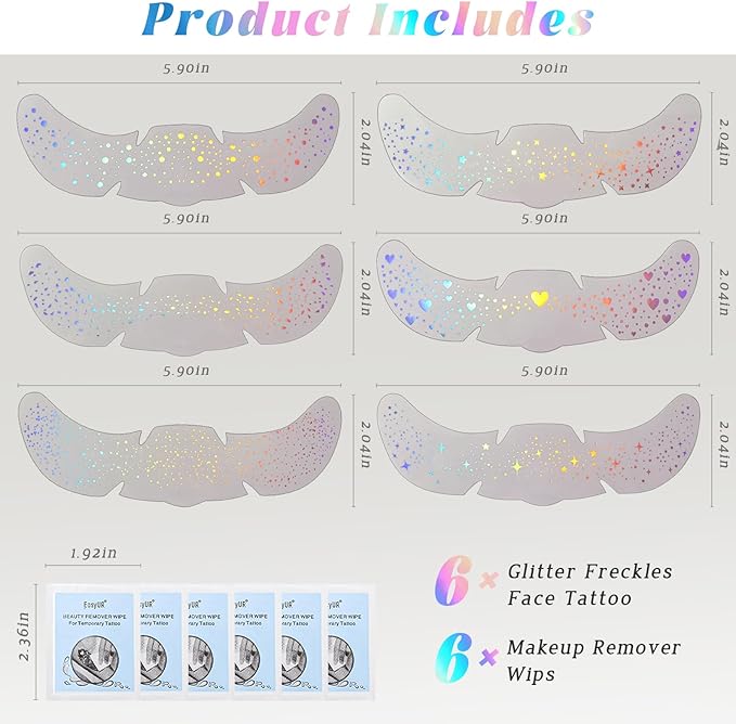 HOSAILY 6 pcs Holographic Glitter Freckles Face Tattoo, Waterproof Sparkle Body Glitter Speckles Patches for Women, Cute Star Glitter Stickers Temporary Tattoo Makeup Accessories for Festival Rave