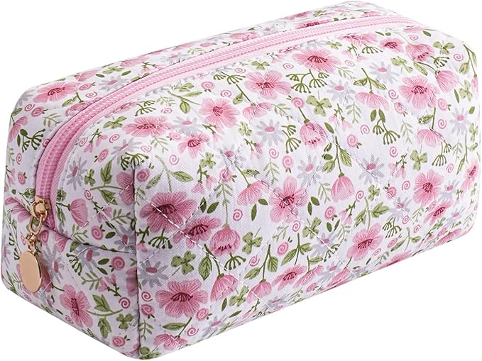 Cute Floral Makeup Bag Small Cotton Quilted Cosmetic Bag, Aesthetic Essential Bag Emergency Bag Gift for Women Girls Travel Accessories (Pink Big Flowers)