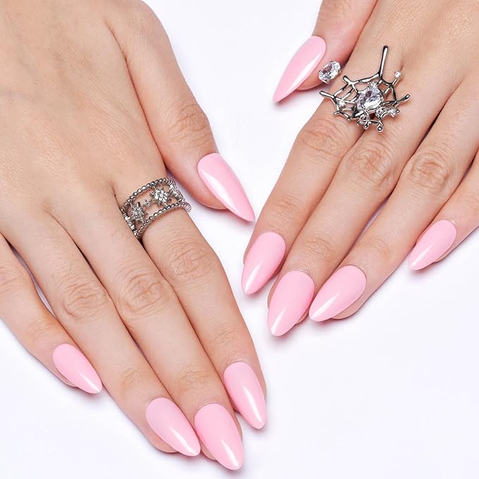 GLAMERMAID Light Pale Pink Press on Nails Medium Almond, Handmade Jelly Soft Gel Pure False Nals, Stiletto Glue on Nails Kit for Women, Reusable Short Oval Stick on Acrylic Fake Nails Manicure Set