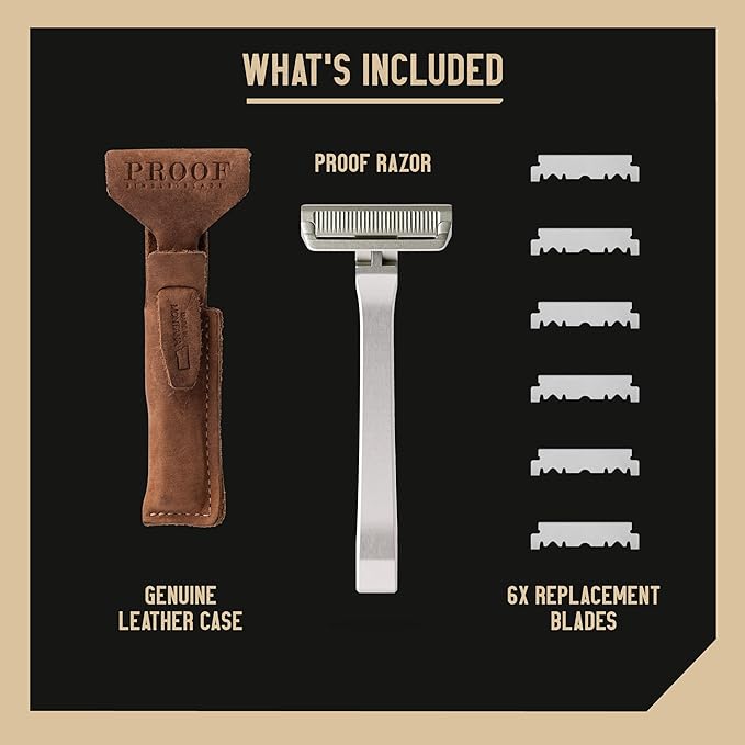 Proof Benchmark Single Blade Razor CNC Machined Aluminum Metal - Made in USA - Pivoting Head for a Smooth & Comfortable Shave - Easy Blade Replacement - Durable Design with Grooved Cap & Leather Case