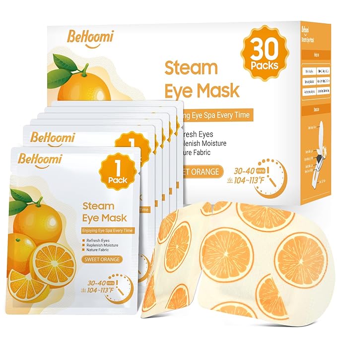 BeHoomi 30Packs Steam Eye Mask, Heated Eye Mask Warm Compress for Eyes, Self Heating Disposable Steam Mask for Home Sleep, Spa, Travel Essentials & Relaxation Gifts, Stocking Stuffers (Sweet Orange)