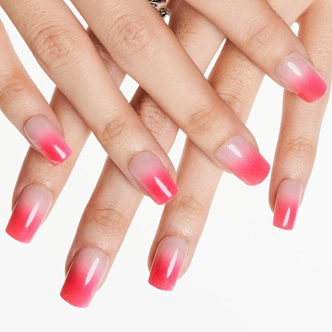 GLAMERMAID Hot Pink Crush Press on Nails Medium Square, French Tip Ombre Gel False Nals Shrimmer, Shrimmer Blush Glue on Nails Kit for Women, Reusable Stick on Acrylic Fake Nails Manicure Set