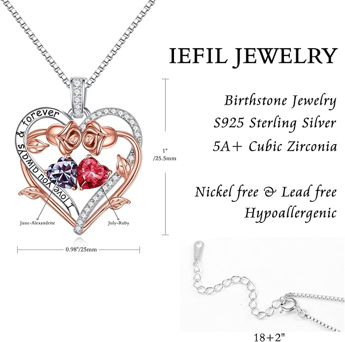 Iefil Valentines Gifts for Her Wife Women - Rose Heart Double Birthstone Necklace Gift for Wife Girlfriend Her Women, Birthstone Jewelry Gemstone Birthday Gifts for Mom Grandma Her