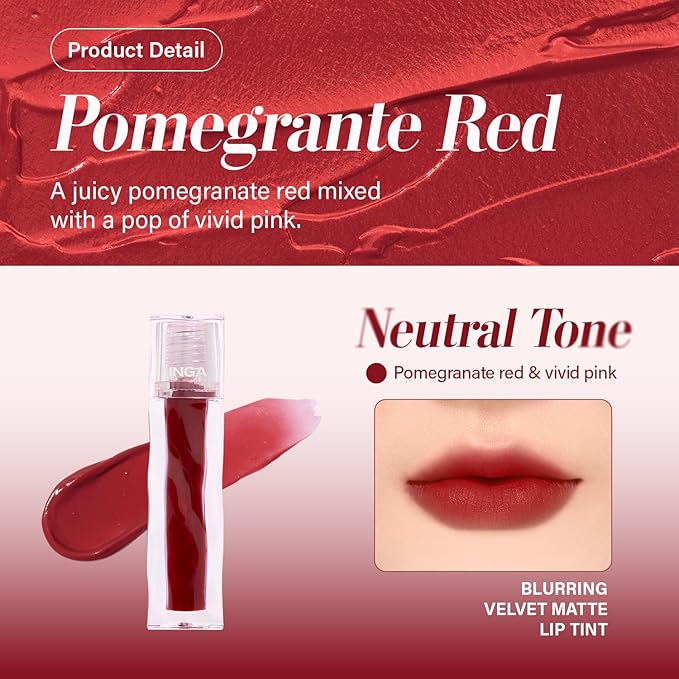 INGA Blurring Velvet Matte Lip Tint - Soft-Blur Matte Finish, Waterproof, Transfer-Proof, Long-Lasting Lip Stain, Lightweight Buildable Color with Hydrating Comfort (POMEGRANATE RED)